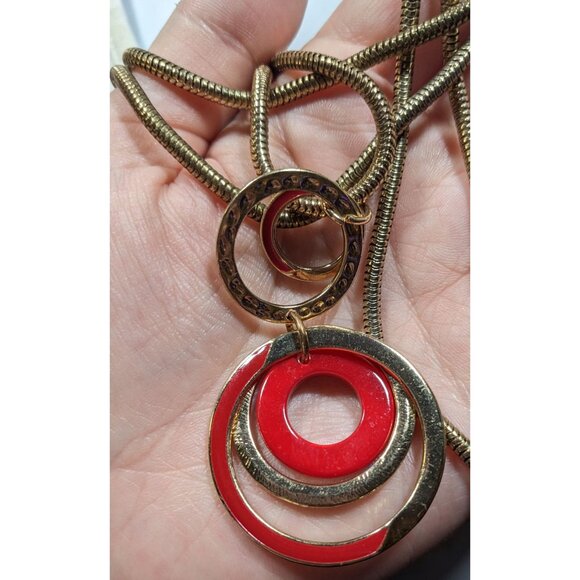 Charming Charlie Retro Geometric Red And Gold Tone Pendant Necklace - Picture 3 of 7